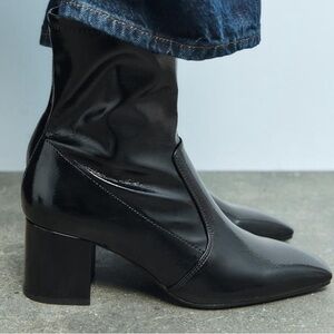 New Zara Faux Patent Leather Block Heel Ankle Boots Black Size 38.